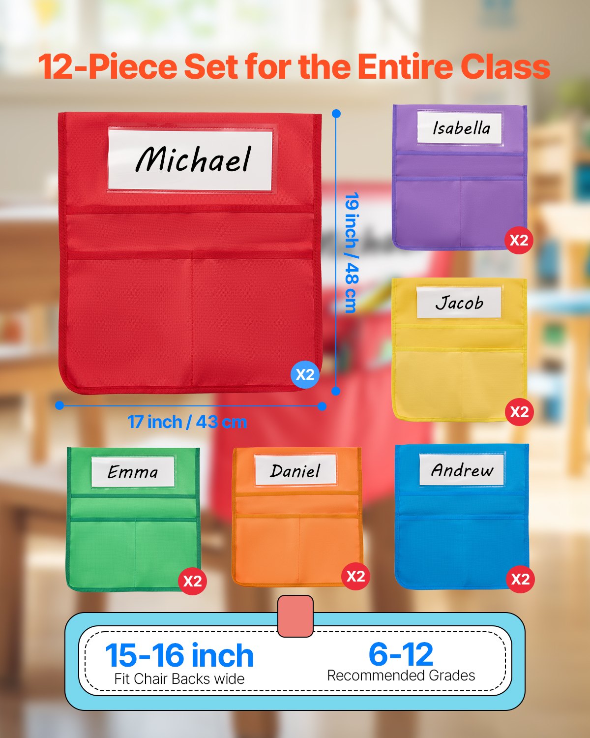 VEVOR Chair Pockets for Classroom, 12 Pack, 17 x 19 Inches Chairback Buddy Pocket with Name Tag, 6 Bright Colors, Back of Chair Organizer for Kids in Classroom, Kindergarten, School, and Home
