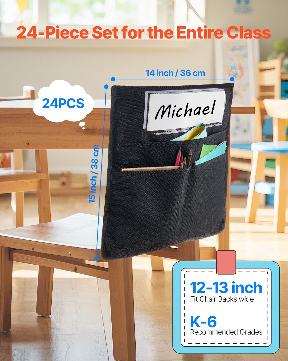VEVOR Chair Pockets for Classroom, 24 Pack, 14 x 15 Inches Chairback Buddy Pocket with Name Tag, Back of Chair Organizer for Kids in Classroom, Kindergarten, School, and Home, Black