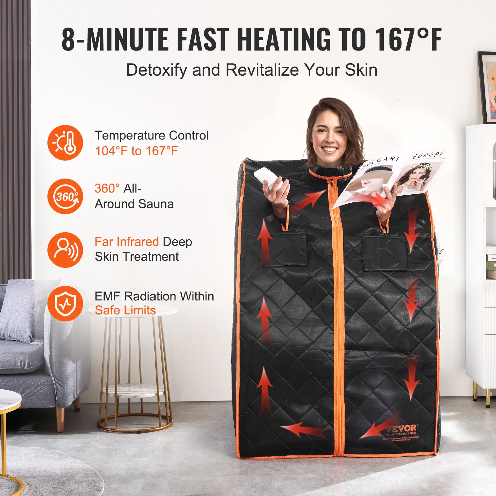VEVOR Sauna Blanket for Detoxification, 1050W Portable Far Infrared Sauna Tent for Home, 40- 75℃, 1-60 Minutes Timer , Personal Sauna Box for Home Spa Indoor Black 700 x 800 x 980 mm