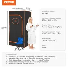 VEVOR Sauna Tent Portable Full Size, 1400W Personal Sauna Kit for Home Spa, Detoxify & Soothing Infrared Heated Body Therapy, Time & Temperature Remote Control With Chair & Floor Mat