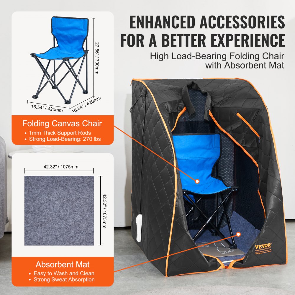 VEVOR Portable Sauna Tent, 1050W Personal Sauna Kit for Home Spa, Detoxify & Soothing Infrared Heated Body Therapy, Time & Temperature Remote Control with Chair & Floor Mat & Storage Bag, Black