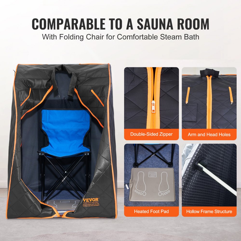 VEVOR Portable Sauna Tent, 1050W Personal Sauna Kit for Home Spa, Detoxify & Soothing Infrared Heated Body Therapy, Time & Temperature Remote Control with Chair & Floor Mat & Storage Bag, Black