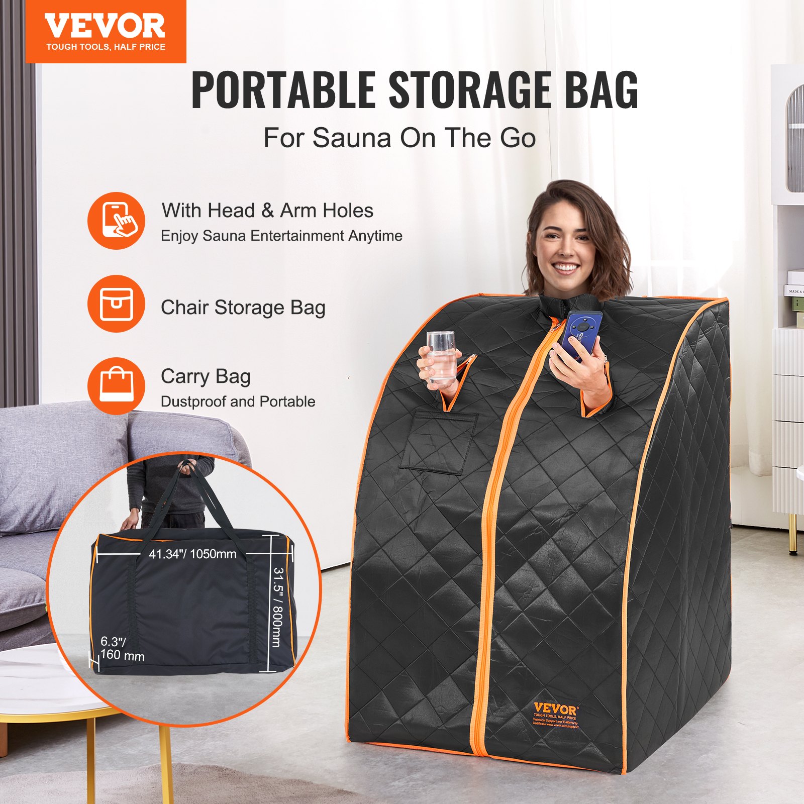 VEVOR Portable Sauna Tent, 1050W Personal Sauna Kit for Home Spa, Detoxify & Soothing Infrared Heated Body Therapy, Time & Temperature Remote Control with Chair & Floor Mat & Storage Bag, Black