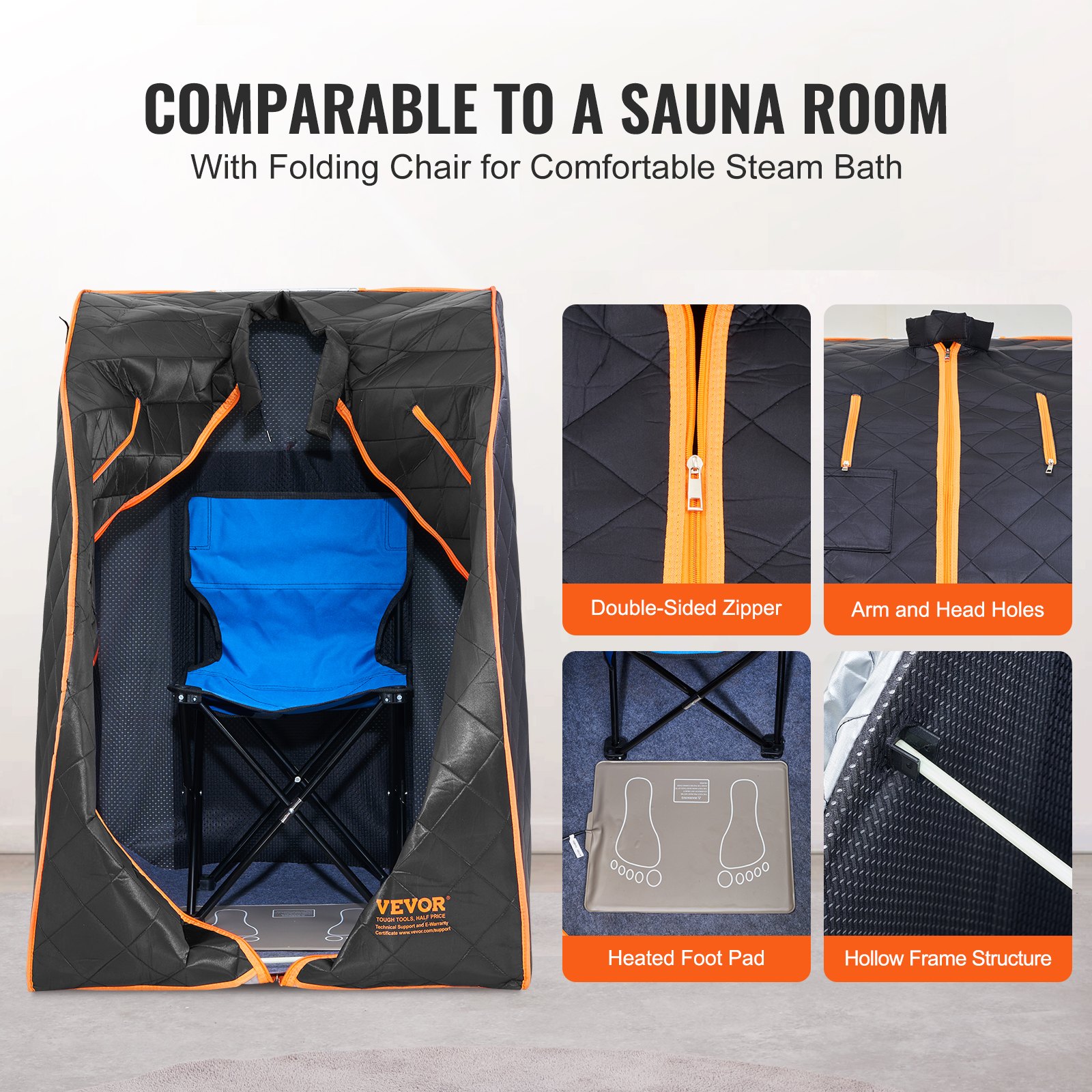 VEVOR Portable Sauna Tent, 1050W Personal Sauna Kit for Home Spa, Detoxify & Soothing Infrared Heated Body Therapy, Time & Temperature Remote Control with Chair & Floor Mat & Storage Bag, Black