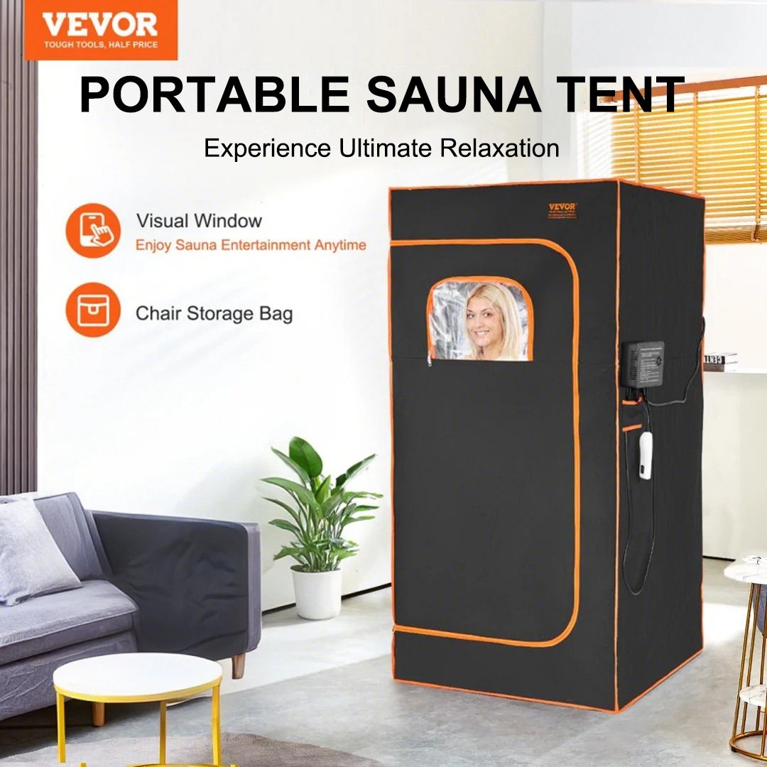 VEVOR Portable Sauna Tent, 1400W Personal Sauna Kit for Home Spa, Detoxify & Soothing Infrared Heated Body Therapy, Time & Temperature Remote Control with Chair & Floor Mat, Black