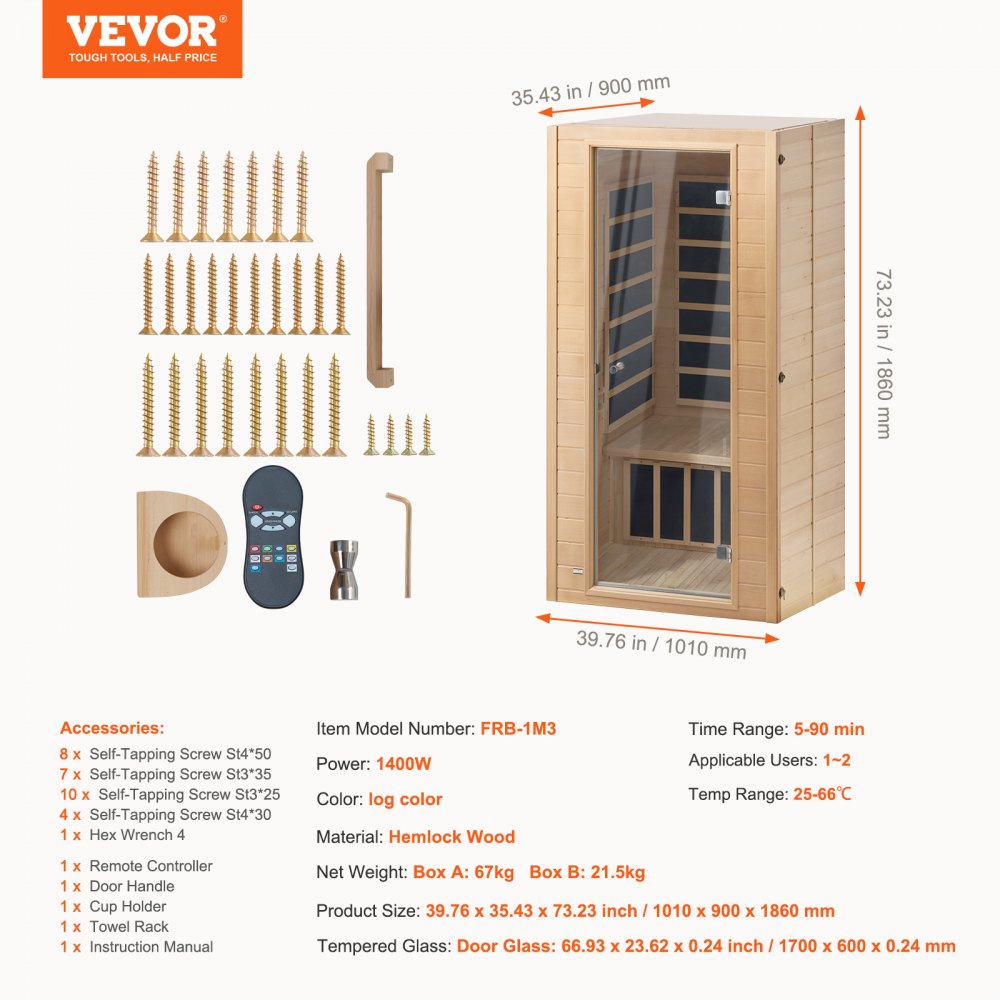 VEVOR Far Infrared Wooden Sauna, Room Home Sauna Spa for 1 to 2 Person, Low EMF Far Infrared Hemlock Wood Sauna with Tempered Glass Door & Multicolor Lamp & Bluetooth Speakers & Chromotherapy Lights,