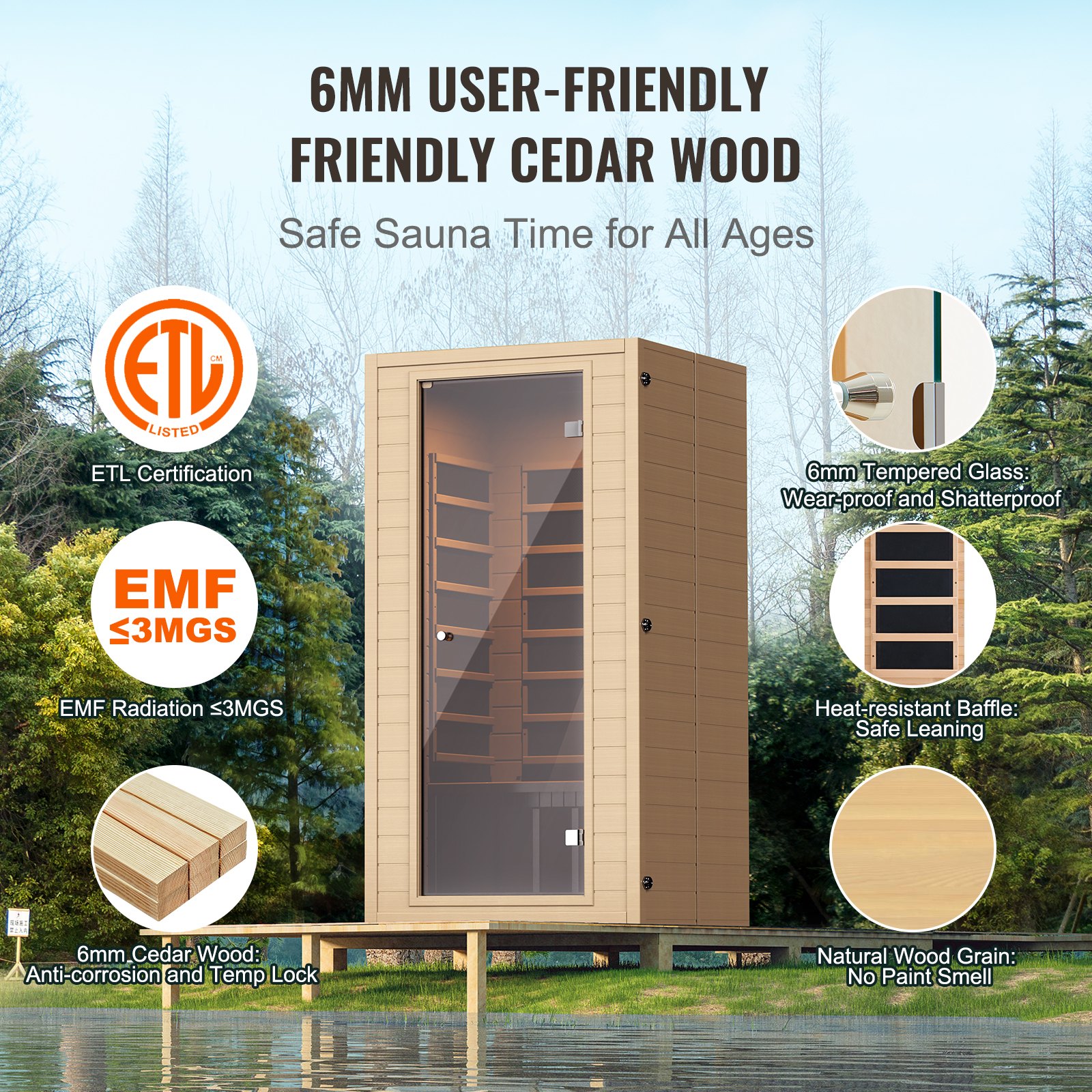 VEVOR Far Infrared Wooden Sauna, Room Home Sauna Spa for 1 to 2 Person, Low EMF Far Infrared Hemlock Wood Sauna with Tempered Glass Door & Multicolor Lamp & Bluetooth Speakers & Chromotherapy Lights,