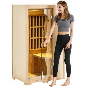 VEVOR Far Infrared Wooden Sauna, Room Home Sauna Spa for One Single Person, Low EMF Far Infrared Hemlock Wood Sauna with Tempered Glass Door & LED Reading Lamp & Bluetooth Speakers, 1140W Indoor Use | VEVOR US
