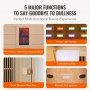 VEVOR infrared sauna features smart panel, 8-color light therapy, towel rack, glass door, and bluetooth speakers.