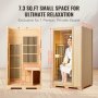 VEVOR infrared sauna for 1 person, 7.3 sq.ft wooden cabin, detailed measurements provided.