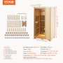 VEVOR infrared sauna dimensions and accessories, including screws, wooden plugs, door handle, and rack.