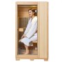 person opening a VEVOR infrared sauna with wooden interior and glass door.