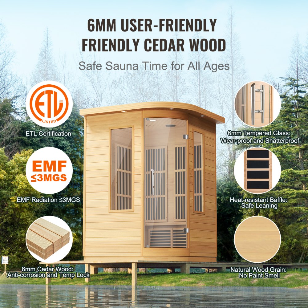 VEVOR Far Infrared Wooden Sauna, Room Home Sauna Spa for 2 Person, Low EMF Far Infrared Hemlock Wood Sauna with Tempered Glass Door & LED Multicolor Lamp & Bluetooth Speakers, 1850W Indoor Use