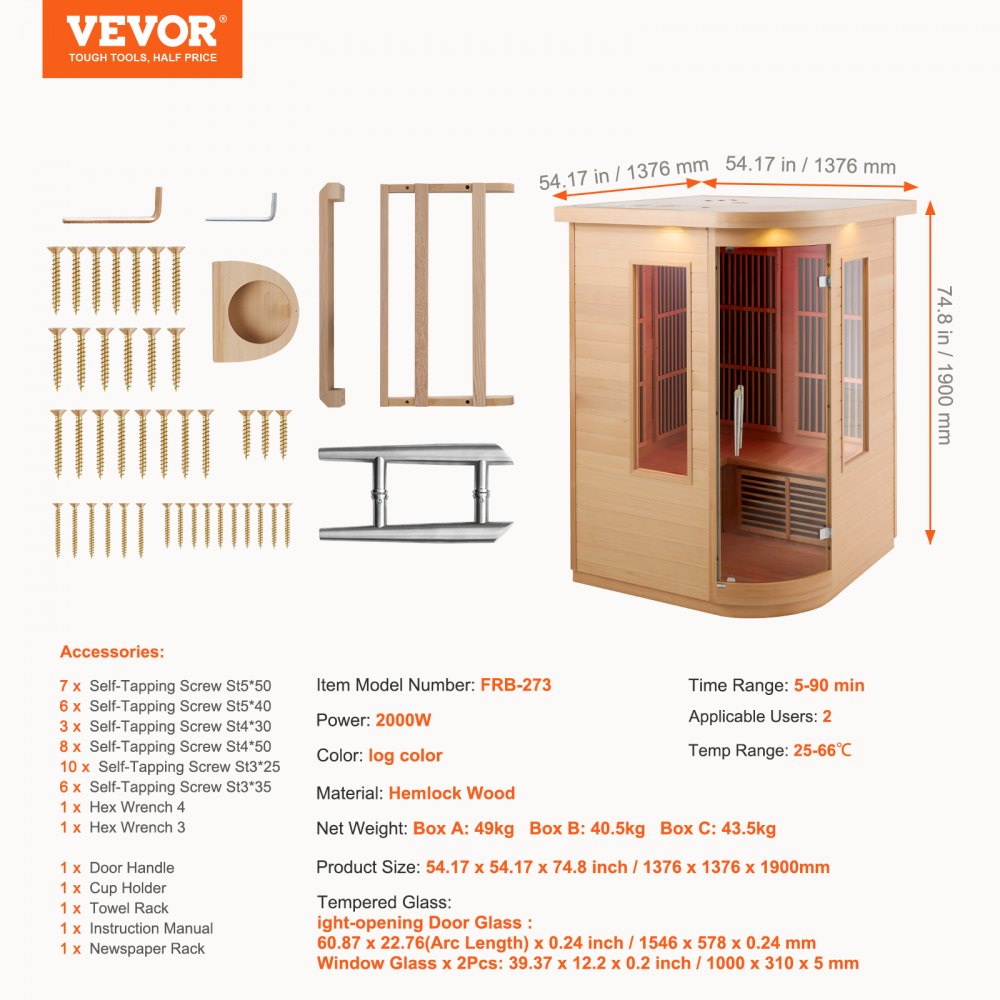 VEVOR Far Infrared Wooden Sauna, Room Home Sauna Spa for 2 Person, Low EMF Far Infrared Hemlock Wood Sauna with Tempered Glass Door & LED Multicolor Lamp & Bluetooth Speakers, 1850W Indoor Use