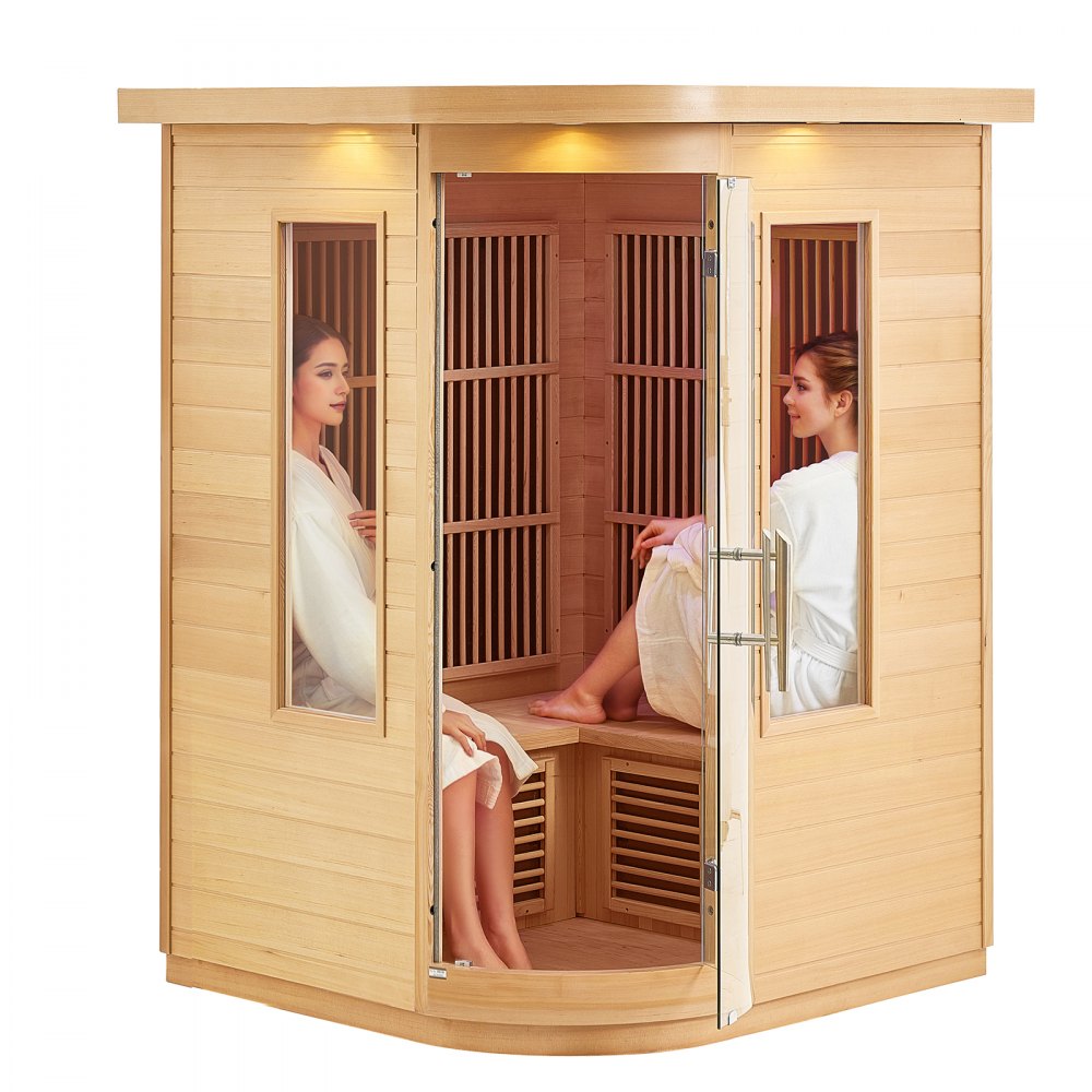 VEVOR Far Infrared Wooden Sauna, Room Home Sauna Spa for 2 Person, Low EMF Far Infrared Hemlock Wood Sauna with Tempered Glass Door & LED Multicolor Lamp & Bluetooth Speakers, 1850W Indoor Use