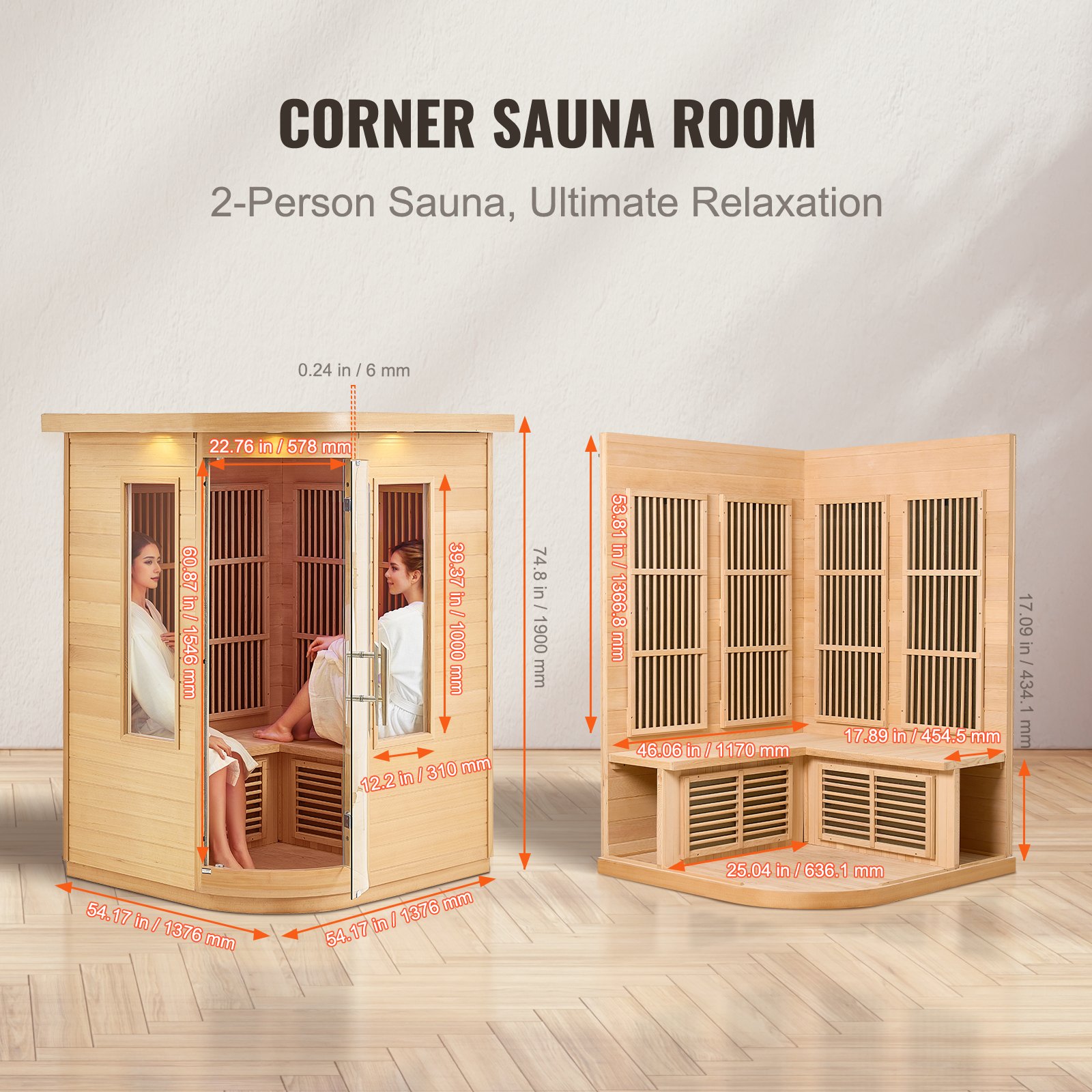 VEVOR Far Infrared Wooden Sauna, Room Home Sauna Spa for 2 Person, Low EMF Far Infrared Hemlock Wood Sauna with Tempered Glass Door & LED Multicolor Lamp & Bluetooth Speakers, 1850W Indoor Use