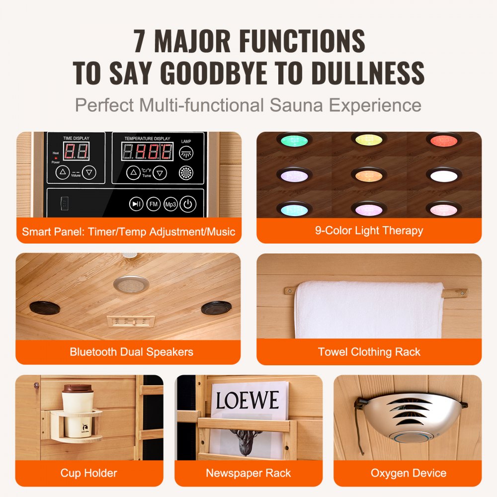 VEVOR Far Infrared Wooden Sauna, Room Home Sauna Spa for 2 Person, Low EMF Far Infrared Hemlock Wood Sauna with Tempered Glass Door & LED Multicolor Lamp & Bluetooth Speakers, 1850W Indoor Use