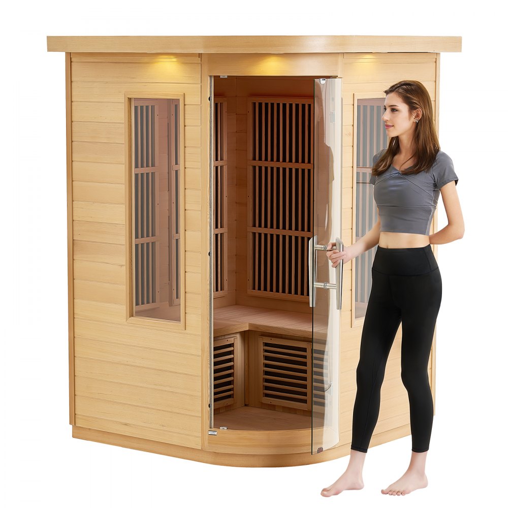 VEVOR Far Infrared Wooden Sauna, Room Home Sauna Spa for 2 Person, Low EMF Far Infrared Hemlock Wood Sauna with Tempered Glass Door & LED Multicolor Lamp & Bluetooth Speakers, 1850W Indoor Use