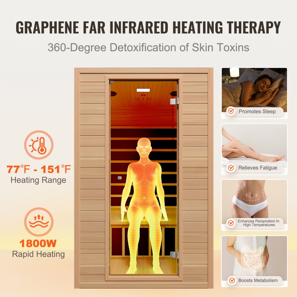 VEVOR Far Infrared Wooden Sauna, Room Home Sauna Spa for 2 Person, Low EMF Far Infrared Hemlock Wood Saunas with Tempered Glass Door & 2 Bluetooth Speakers, 1800W Indoor Use