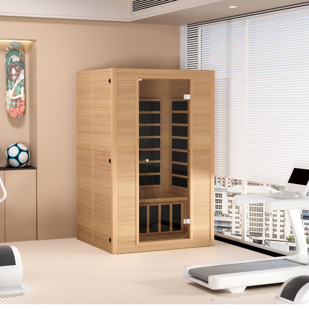 VEVOR Far Infrared Wooden Sauna, Room Home Sauna Spa for 2 Person, Low EMF Far Infrared Hemlock Wood Saunas with Tempered Glass Door & 2 Bluetooth Speakers, 1800W Indoor Use