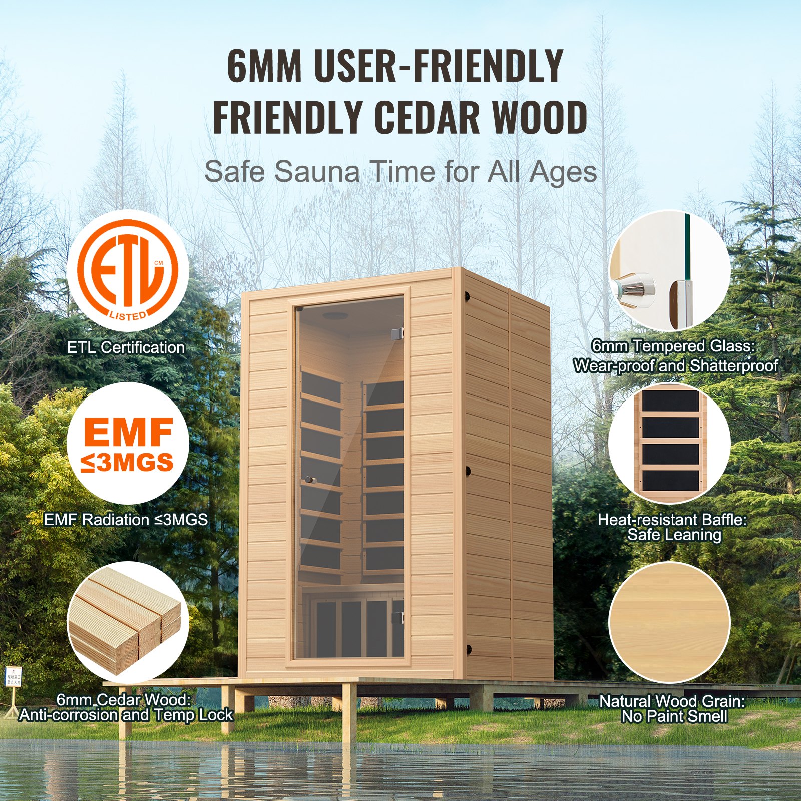 VEVOR Far Infrared Wooden Sauna, Room Home Sauna Spa for 2 Person, Low EMF Far Infrared Hemlock Wood Saunas with Tempered Glass Door & 2 Bluetooth Speakers, 1800W Indoor Use