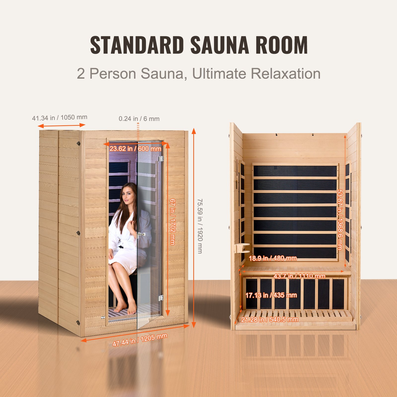 VEVOR Far Infrared Wooden Sauna, Room Home Sauna Spa for 2 Person, Low EMF Far Infrared Hemlock Wood Saunas with Tempered Glass Door & 2 Bluetooth Speakers, 1800W Indoor Use