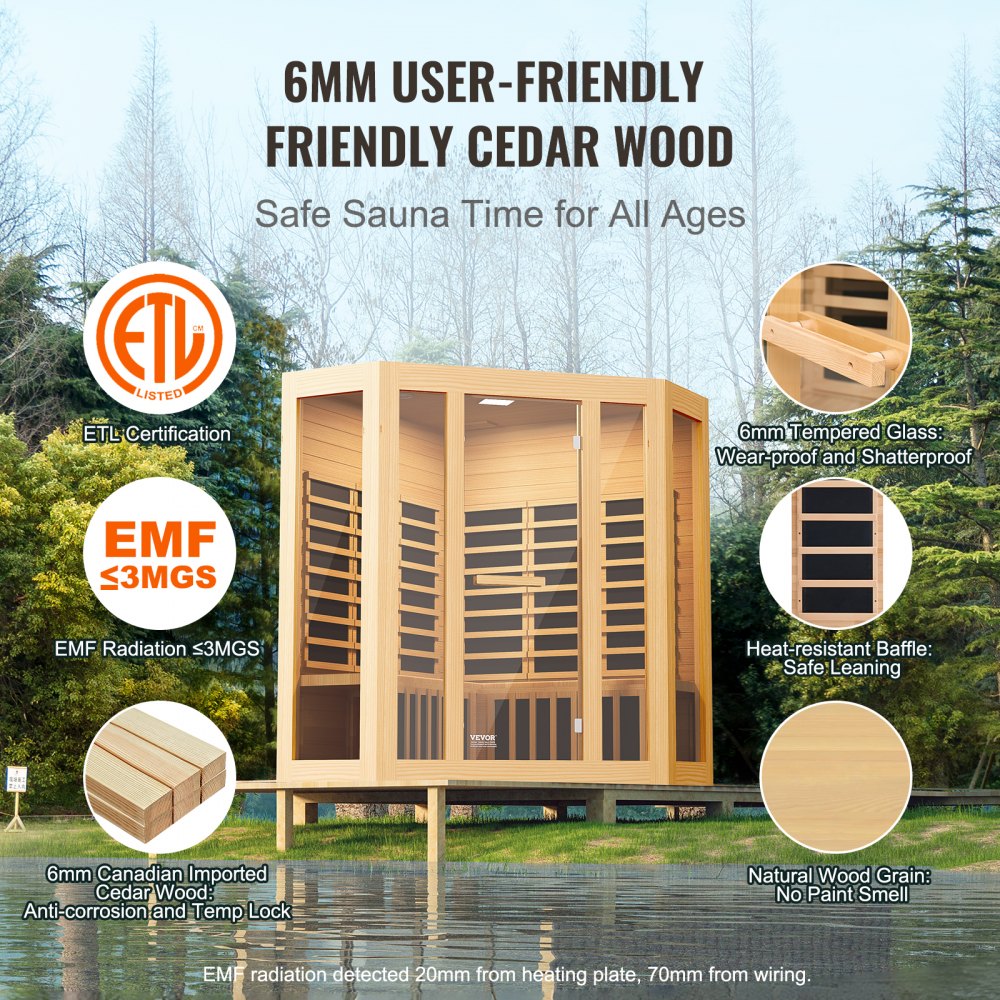 VEVOR Far Infrared Wooden Sauna, Room Home Sauna Spa for 3 to 4 Person, Low EMF Far Infrared Hemlock Wood Sauna with Tempered Glass Door & Bluetooth Speakers & Chromotherapy Lights, 2470W Indoor