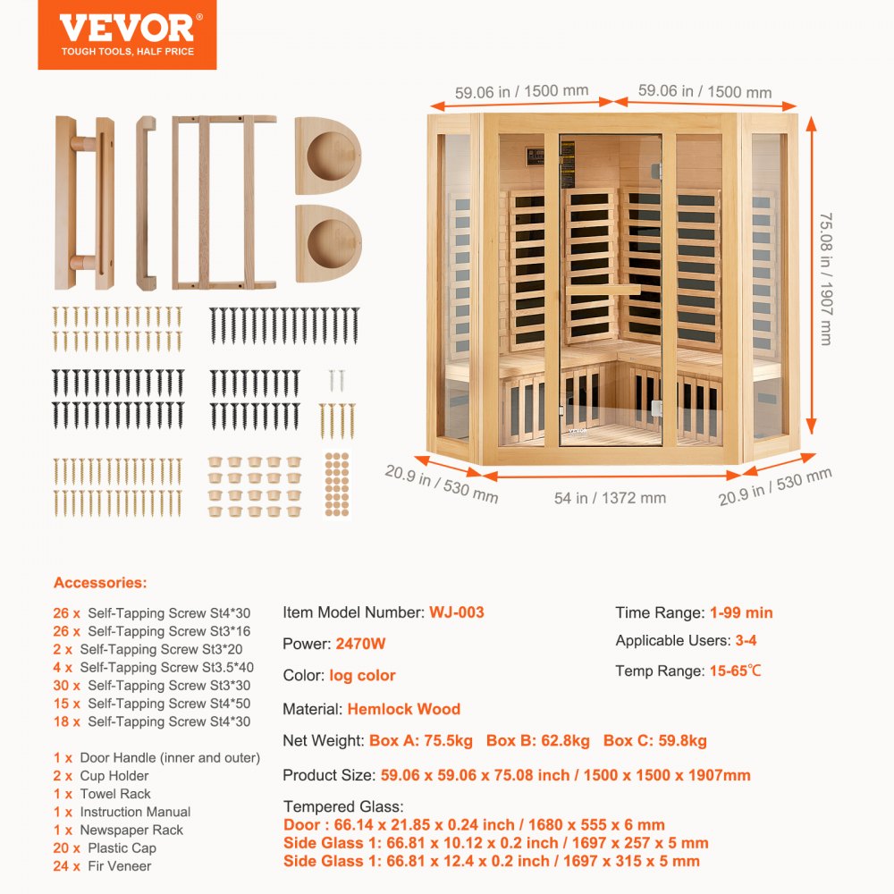 VEVOR Far Infrared Wooden Sauna, Room Home Sauna Spa for 3 to 4 Person, Low EMF Far Infrared Hemlock Wood Sauna with Tempered Glass Door & Bluetooth Speakers & Chromotherapy Lights, 2470W Indoor