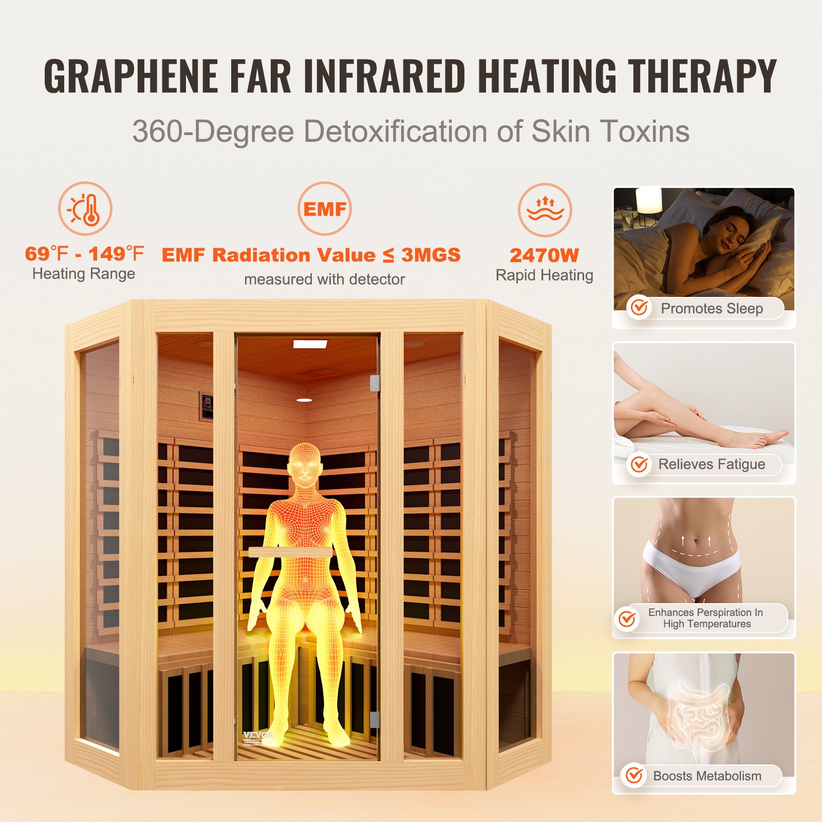 VEVOR Far Infrared Wooden Sauna, Room Home Sauna Spa for 3 to 4 Person, Low EMF Far Infrared Hemlock Wood Sauna with Tempered Glass Door & Bluetooth Speakers & Chromotherapy Lights, 2470W Indoor