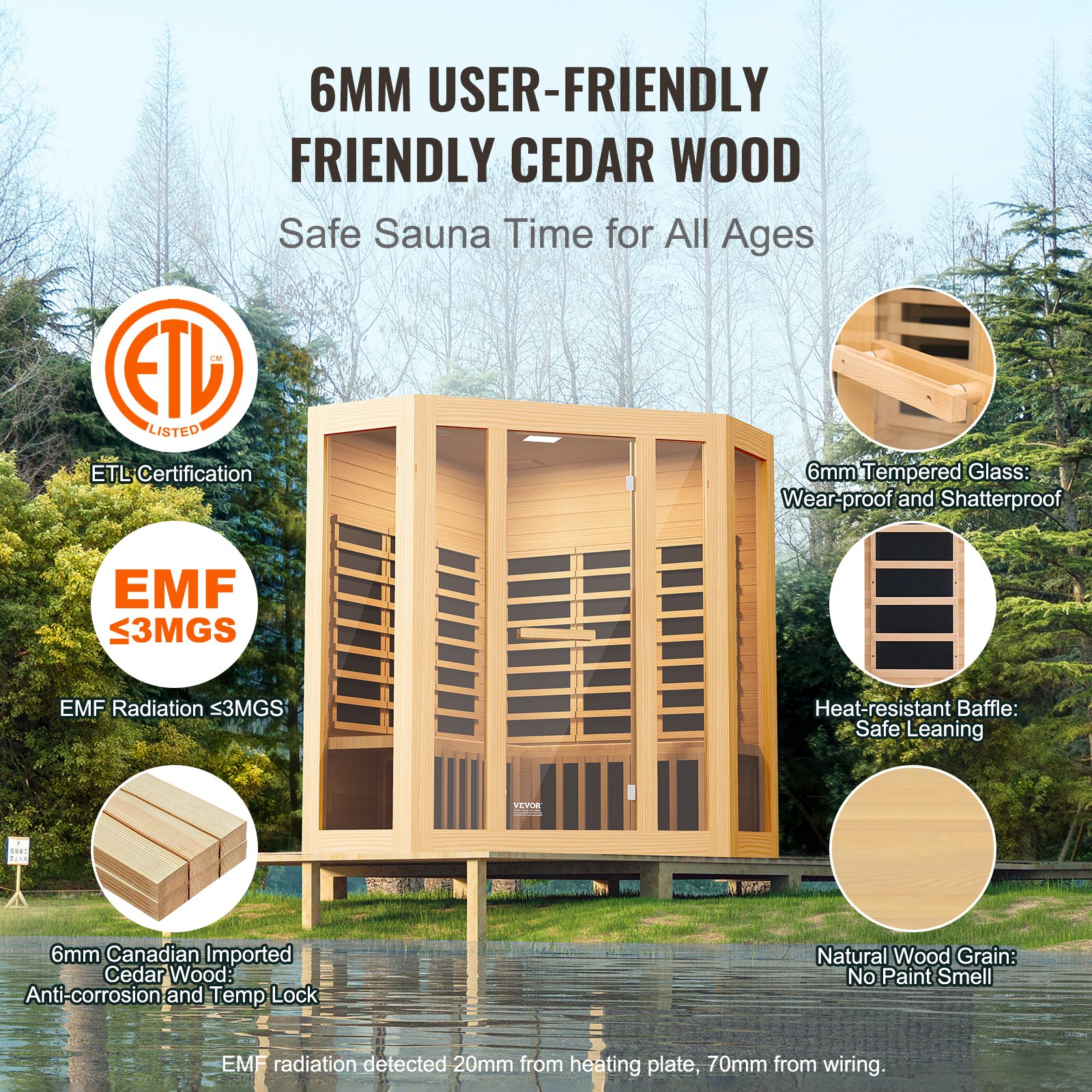 VEVOR Far Infrared Wooden Sauna, Room Home Sauna Spa for 3 to 4 Person, Low EMF Far Infrared Hemlock Wood Sauna with Tempered Glass Door & Bluetooth Speakers & Chromotherapy Lights, 2470W Indoor