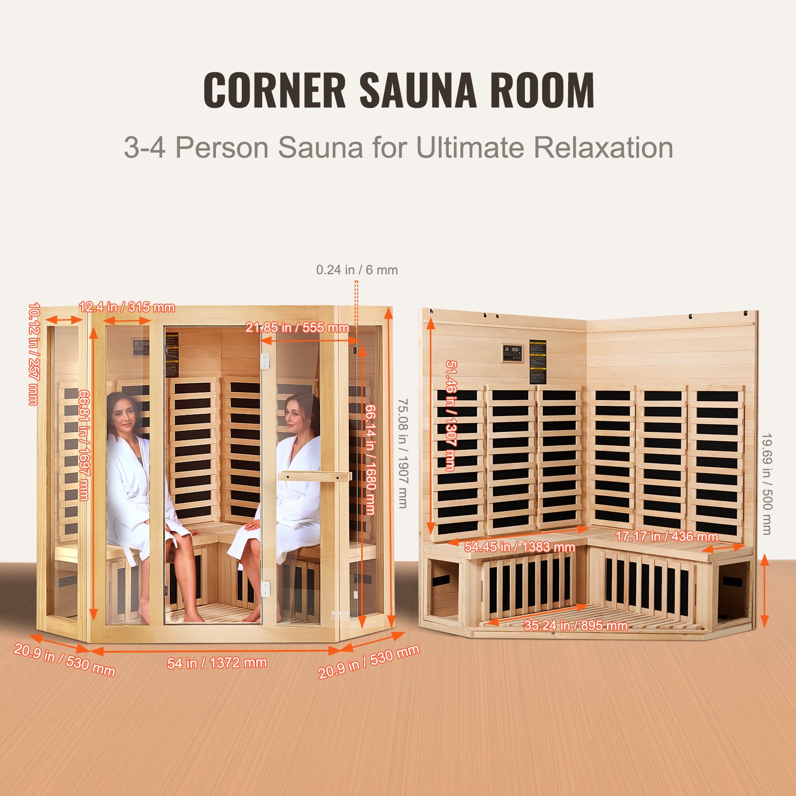 VEVOR Far Infrared Wooden Sauna, Room Home Sauna Spa for 3 to 4 Person, Low EMF Far Infrared Hemlock Wood Sauna with Tempered Glass Door & Bluetooth Speakers & Chromotherapy Lights, 2470W Indoor
