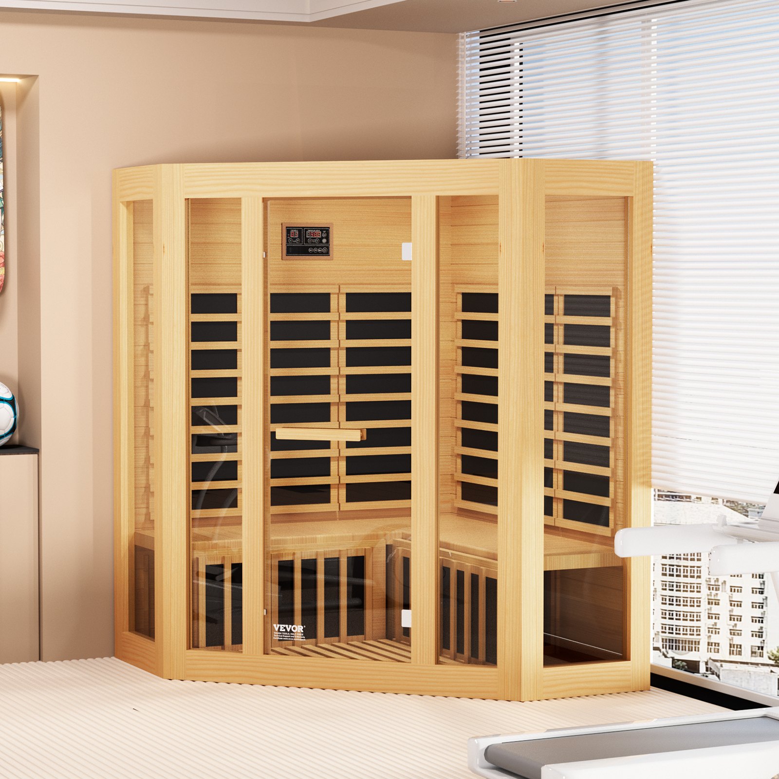 VEVOR Far Infrared Wooden Sauna, Room Home Sauna Spa for 3 to 4 Person, Low EMF Far Infrared Hemlock Wood Sauna with Tempered Glass Door & Bluetooth Speakers & Chromotherapy Lights, 2470W Indoor