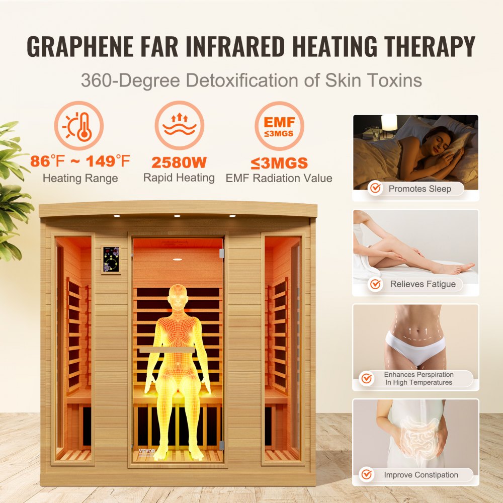VEVOR Far Infrared Wooden Sauna, Room Home Sauna Spa for 3 to 4 Person, Low EMF Far Infrared Hemlock Wood Sauna with Tempered Glass Door & Bluetooth Speakers & Chromotherapy Lights, 2580W Indoor