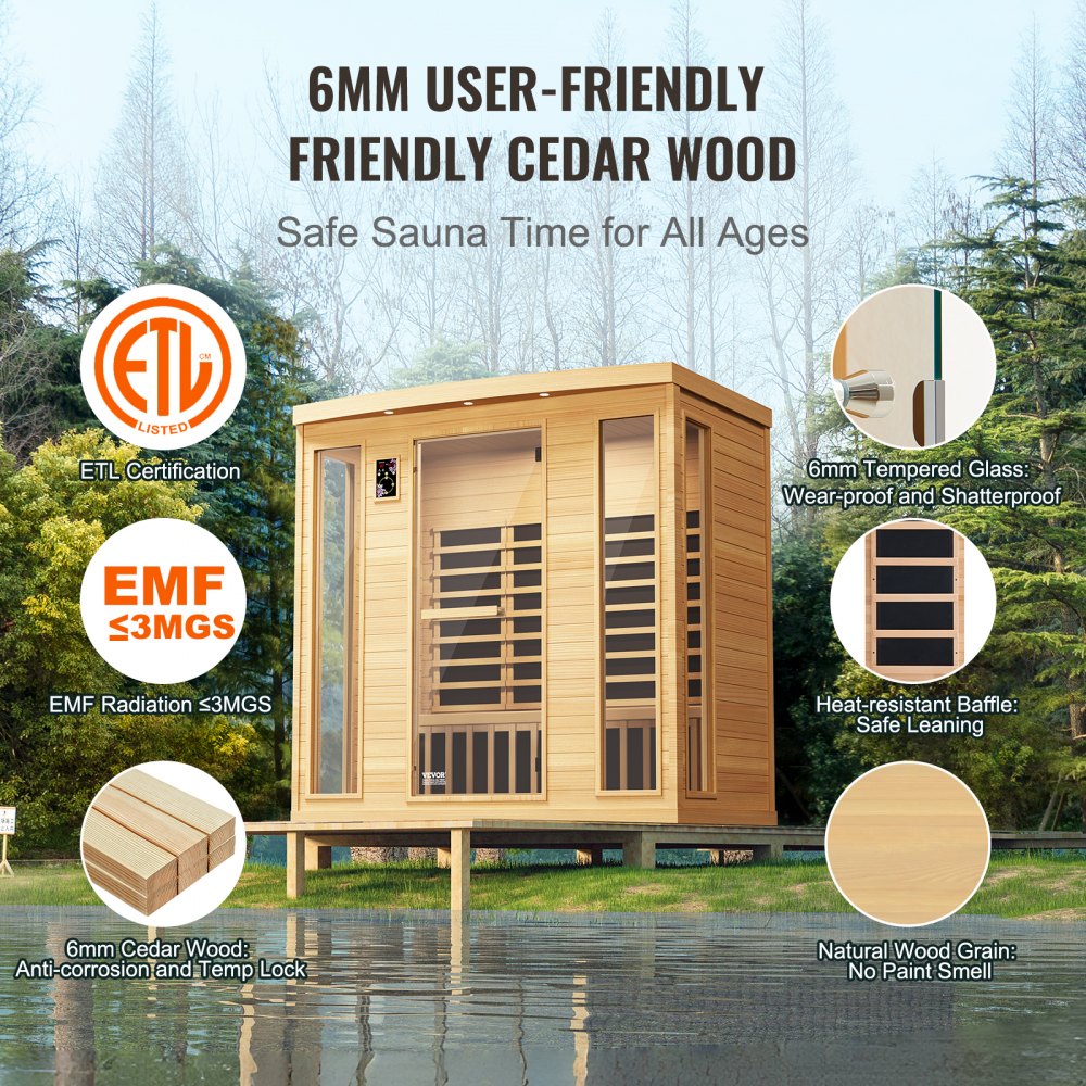VEVOR Far Infrared Wooden Sauna, Room Home Sauna Spa for 3 to 4 Person, Low EMF Far Infrared Hemlock Wood Sauna with Tempered Glass Door & Bluetooth Speakers & Chromotherapy Lights, 2580W Indoor