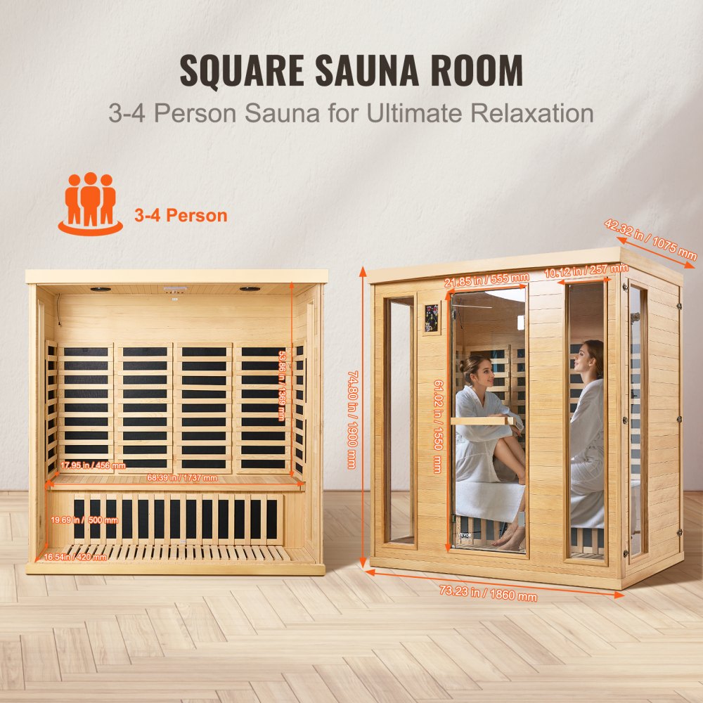 VEVOR Far Infrared Wooden Sauna, Room Home Sauna Spa for 3 to 4 Person, Low EMF Far Infrared Hemlock Wood Sauna with Tempered Glass Door & Bluetooth Speakers & Chromotherapy Lights, 2580W Indoor
