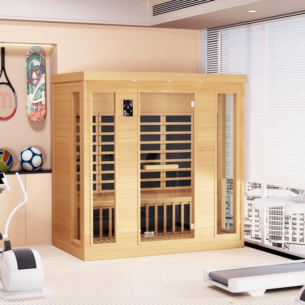 VEVOR Far Infrared Wooden Sauna, Room Home Sauna Spa for 3 to 4 Person, Low EMF Far Infrared Hemlock Wood Sauna with Tempered Glass Door & Bluetooth Speakers & Chromotherapy Lights, 2580W Indoor