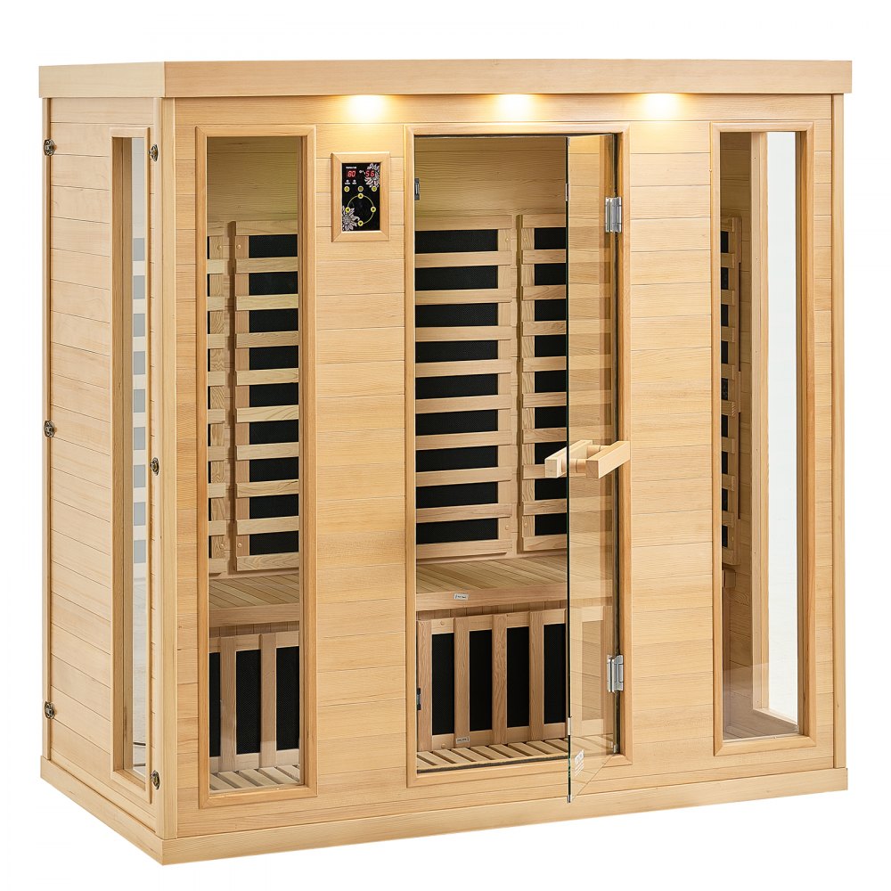 VEVOR Far Infrared Wooden Sauna, Room Home Sauna Spa for 3 to 4 Person, Low EMF Far Infrared Hemlock Wood Sauna with Tempered Glass Door & Bluetooth Speakers & Chromotherapy Lights, 2580W Indoor