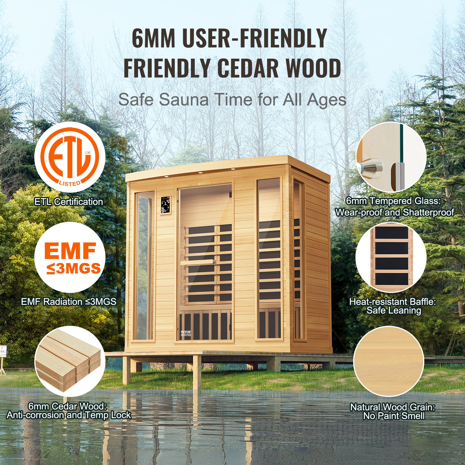 VEVOR Far Infrared Wooden Sauna, Room Home Sauna Spa for 3 to 4 Person, Low EMF Far Infrared Hemlock Wood Sauna with Tempered Glass Door & Bluetooth Speakers & Chromotherapy Lights, 2580W Indoor