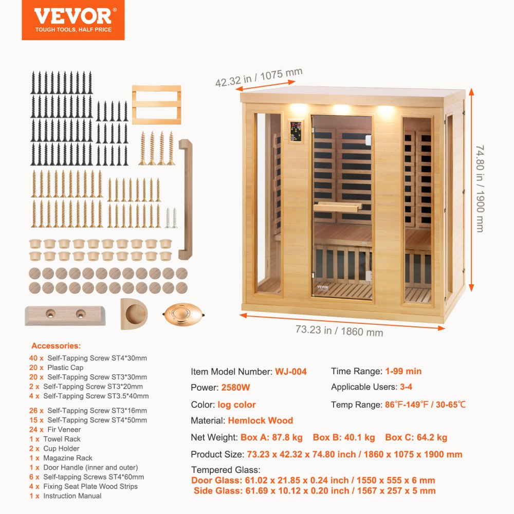 VEVOR Far Infrared Wooden Sauna, Room Home Sauna Spa for 3 to 4 Person, Low EMF Far Infrared Hemlock Wood Sauna with Tempered Glass Door & Bluetooth Speakers & Chromotherapy Lights, 2580W Indoor