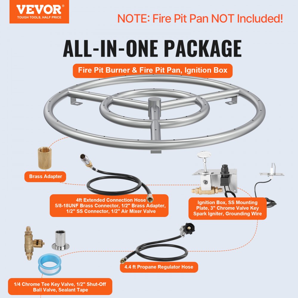 VEVOR 18 inch Round Stainless-Steel Fire Pit Burner Ring, Drop-in Fire Pit Ring Burner Kit for Natural Gas & Propane - with 150,000 BTU Heat Output for Indoor/Outdoor Use
