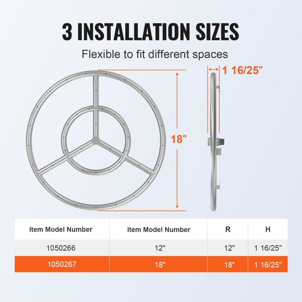 VEVOR 18 inch Round Stainless-Steel Fire Pit Burner Ring, Drop-in Fire Pit Ring Burner Kit for Natural Gas & Propane - with 150,000 BTU Heat Output for Indoor/Outdoor Use