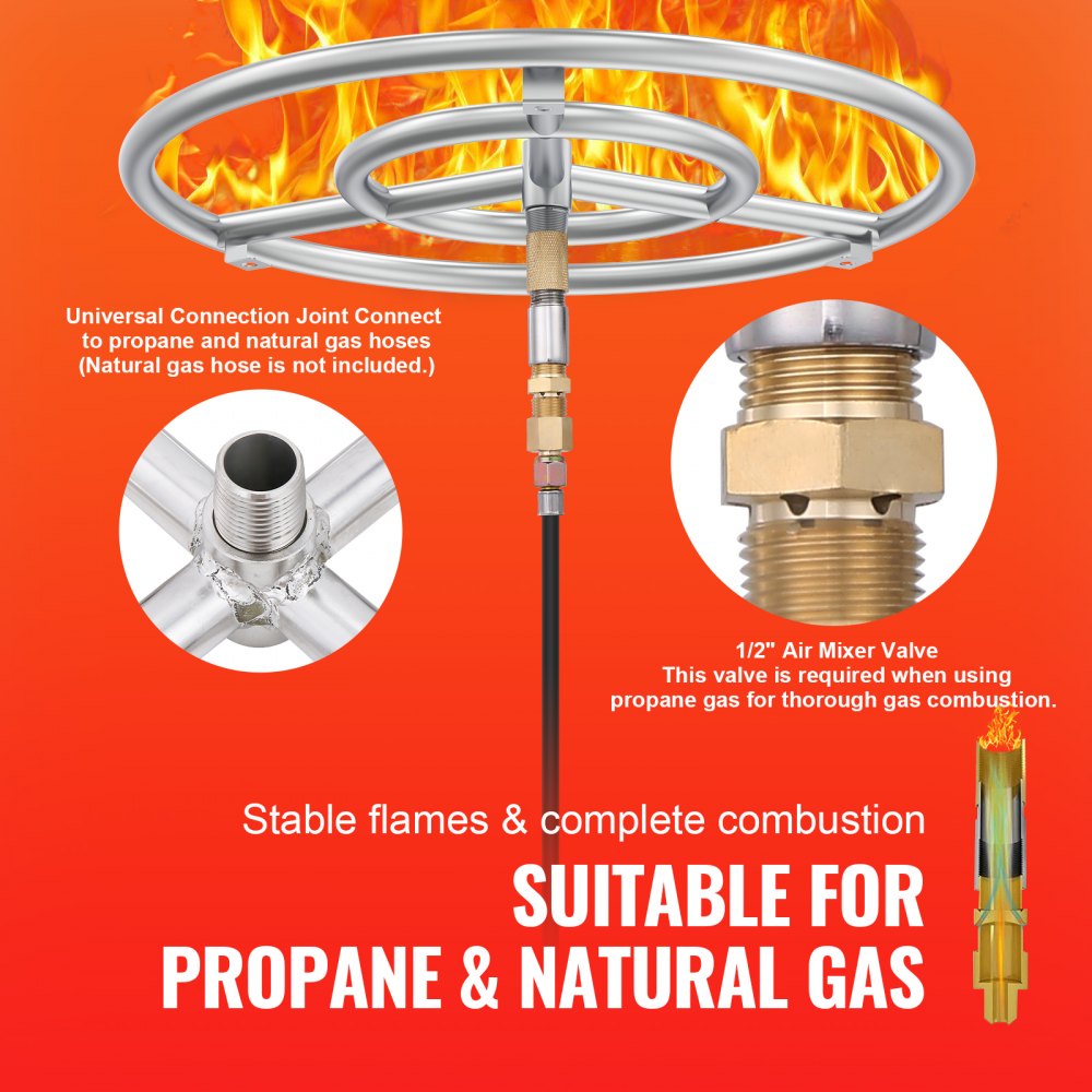 VEVOR 18 inch Round Stainless-Steel Fire Pit Burner Ring, Drop-in Fire Pit Ring Burner Kit for Natural Gas & Propane - with 150,000 BTU Heat Output for Indoor/Outdoor Use