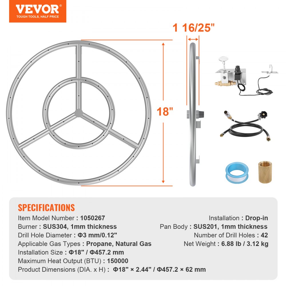 VEVOR 18 inch Round Stainless-Steel Fire Pit Burner Ring, Drop-in Fire Pit Ring Burner Kit for Natural Gas & Propane - with 150,000 BTU Heat Output for Indoor/Outdoor Use
