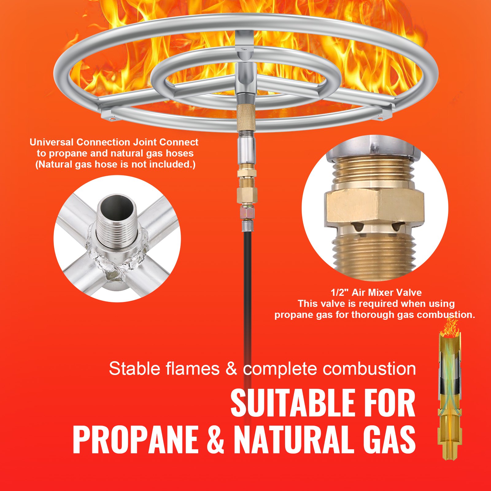 VEVOR 18 inch Round Stainless-Steel Fire Pit Burner Ring, Drop-in Fire Pit Ring Burner Kit for Natural Gas & Propane - with 150,000 BTU Heat Output for Indoor/Outdoor Use