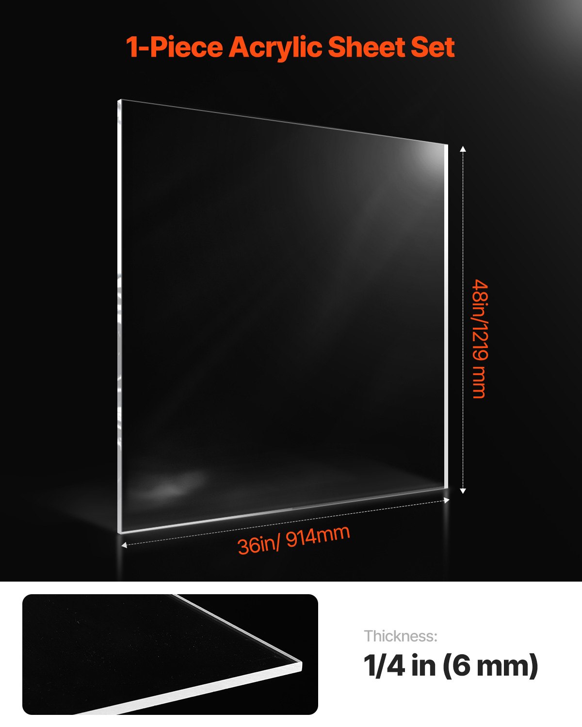 VEVOR Plexiglass Acrylic Sheet, 1 Pack Plastic Sheet, 36 x 48 Inch 1/4 Inch Thick Clear Plastic Cast Transparent Glass for Crafting Projects, Replacement Picture Frame Glass, DIY Display, Easy to Cut