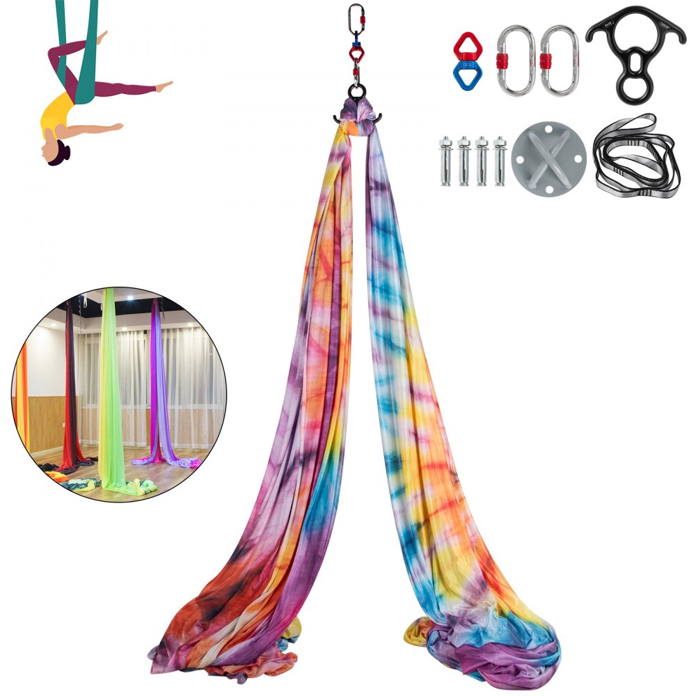 VEVOR Aerial Silk, 11yd 9.2ft Aerial Yoga Swing Set Yoga Hammock Kit - Antigravity Ceiling Hanging Yoga Sling - Carabiners, Daisy Chain, Inversion Swing for Home Outdoor Aerial Dance, Colorful