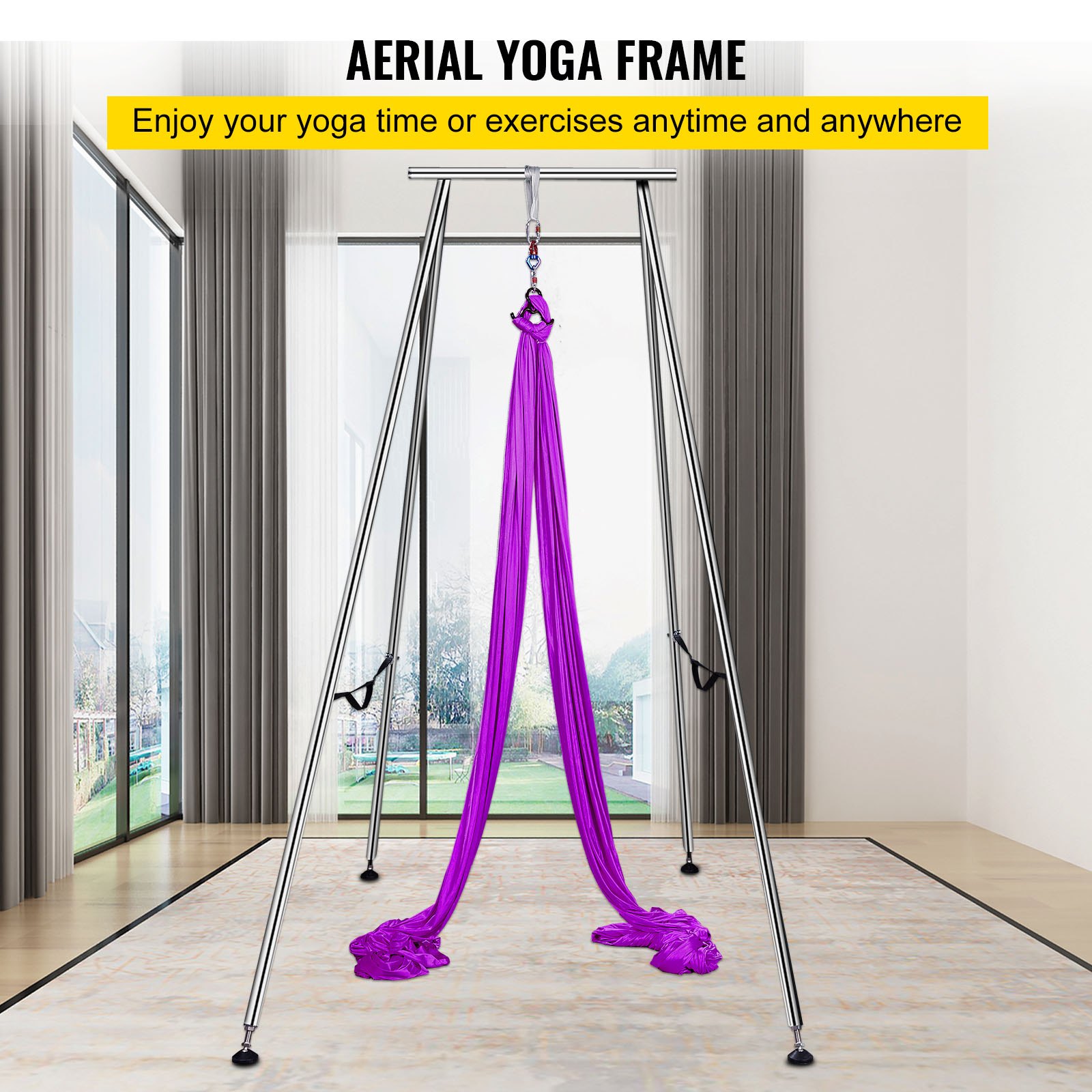 VEVOR yoga sling inversion hanging from an aerial yoga frame in a well-lit room.