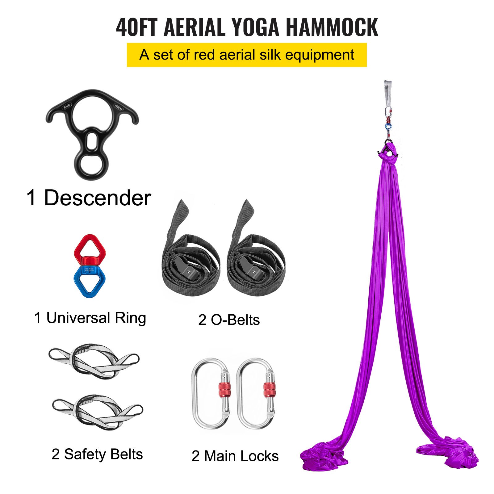40ft aerial yoga hammock with descender, universal ring, o-belts, safety belts, and main locks.