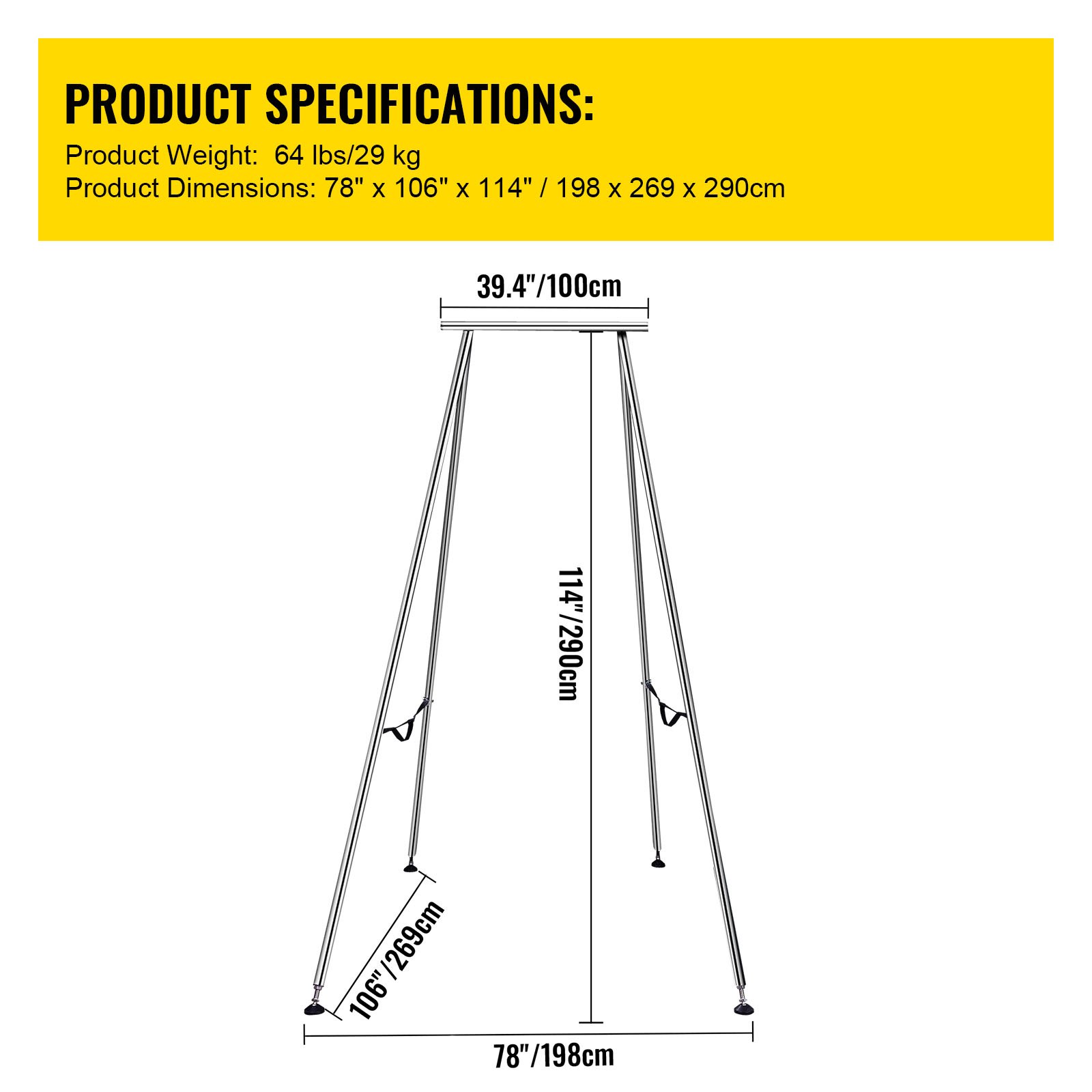VEVOR yoga sling inversion stand dimensions and weight specifications.