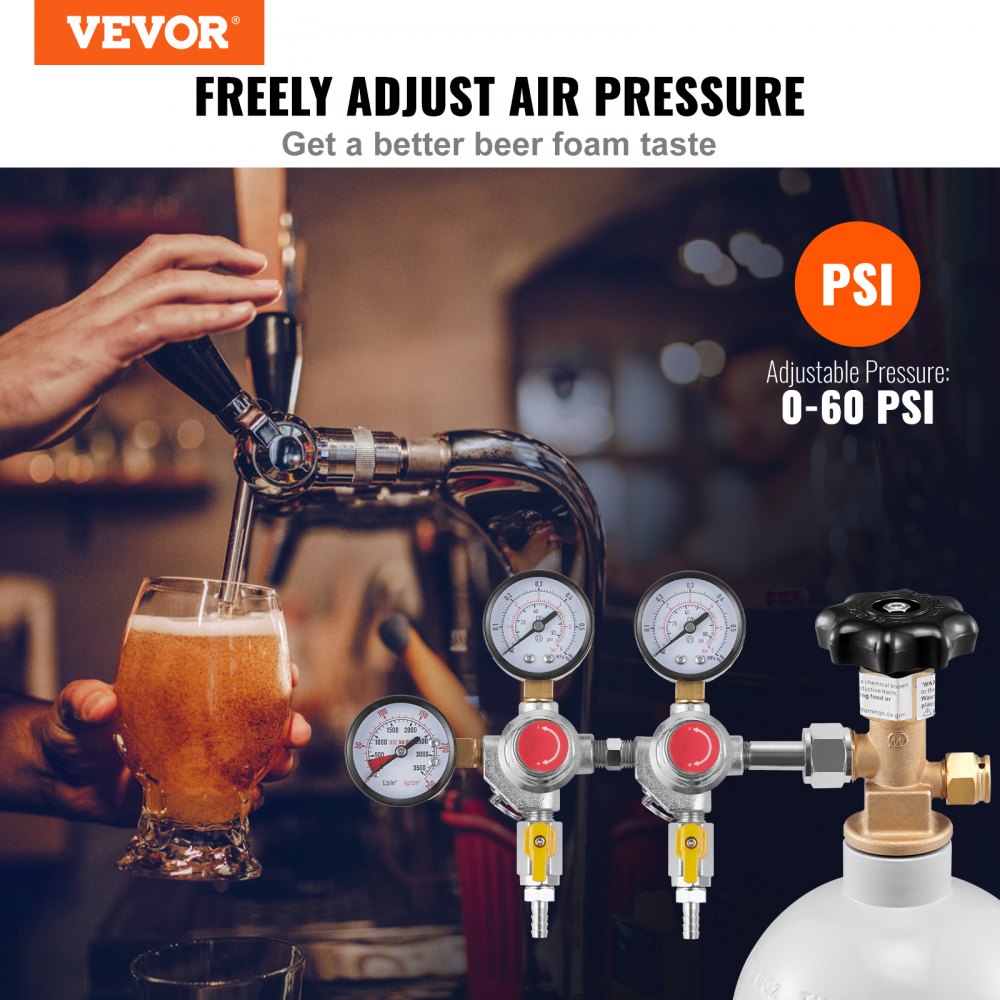 VEVOR Triple Gauge Regulator, CO2 Regulator Gauge with 0-60PSI, Heavy Duty CO2 Gauge Gas System, Draft Beer Regulator with Check Valve, Adjustable Pressure Regulator for Draft Beer Homebrew, CGA320
